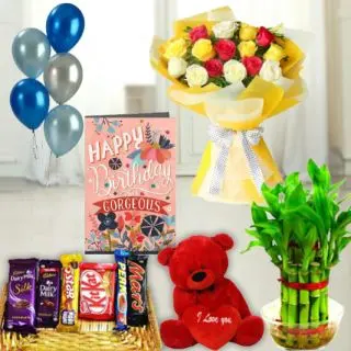 Bunch of 10 mix roses, basket of assorted chocolates, 6 inch teddy bear 2 layer Lucky bamboo plant ,5 blown balloons with birthday greeting card