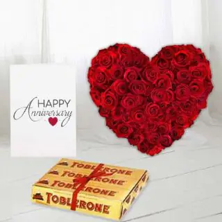 Bunch of 15 red roses, set of 3 toblerone chocolates, anniversary greeting card