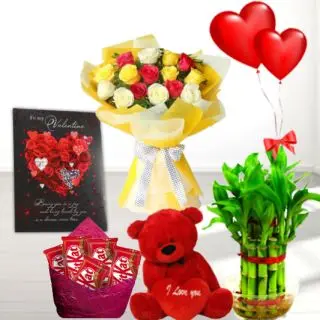 Bunch of 10 mix roses, basket of assorted chocolates, 6 inch teddybear  2 layer Lucky bamboo plant ,5 blown balloons with greeting card