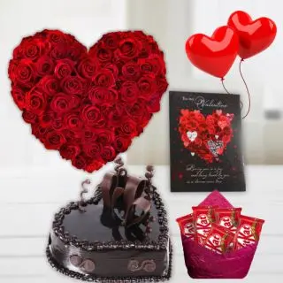 Heart shape arrangement 40 red roses, 1 kg heart shape chocolate truffle cake, pack of 5 kitkat chocolates, 2 heart shape balloons with Greeting card 