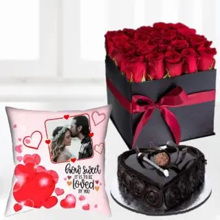 30 red roses in black flower box , Half kg heart shape chocolate truffle cake with photo cushion 