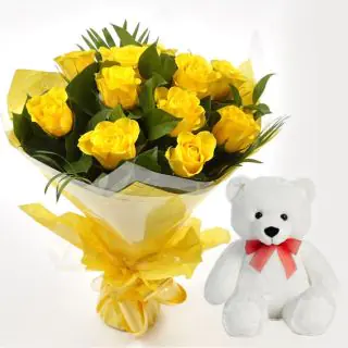 12 yellow roses with 1 feet height pink colour teddy bear