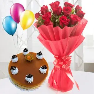 12 red roses with butterscotch cake with 3 blown balloons