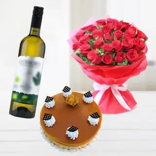 12 red roses with butterscotch cake with bottle of white  wine