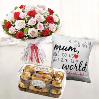 Bunch of 15 red and pink roses, photo cushion, with box of 16 pcs ferrero rocher chocolates 