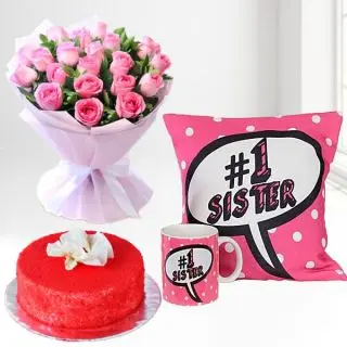 Bunch of 15 pink roses, half kg red velvet cool cake, photo cushion with photo mug 