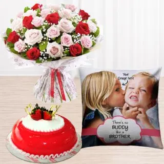 Bunch of 20 red and pink roses, half kg strawberry cake , photo cushion 