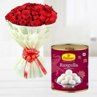 Bunch of 20 red roses with 1 kg rasgullas