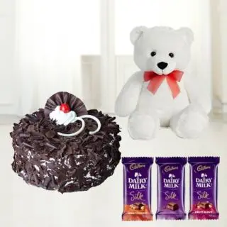 chocolate fantasy fresh cream cake with 3 dairy milk silk cadburies with 6 inch white colour teddybear 