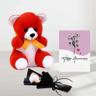 1 feet height teddybear with single red rose with anniversary greeting card 