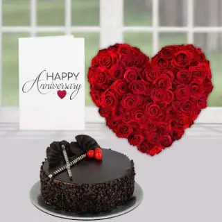 Heart shape arrangement of 30 red roses, chocolate chips cake, anniversary greeting card