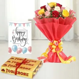 Bunch of 20  mix  roses ,set of 3 toblerone chocolates, birthday greeting card  