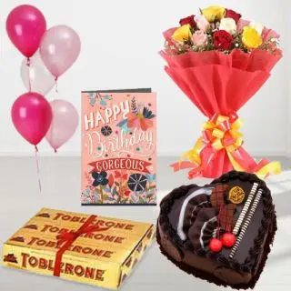 Bunch of 15 mix roses , heart shape cake in chocolate flavor, set of 3 toblerone chocolates, birthday greeting card, with 5 blown balloons