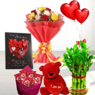  Bunch of 10 mix roses, basket of assorted chocolates, 1 feet height  teddybear  2 layer Lucky bamboo plant ,5 blown balloons with greeting card 