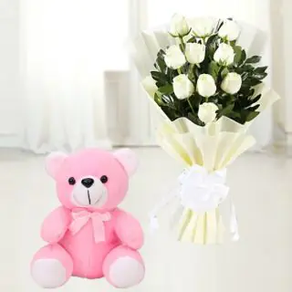 Bunch of 12 white roses with 1 feet height pink colour teddy bear
