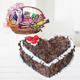 heart shape black forest cake with Basket of assorted chocolates 