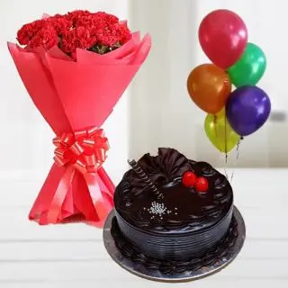 Bunch of 12 red carnations with chocolate fantasy cake with 5 blown balloons 