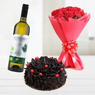 Bunch of 15 red carnations with chocolate fantasy cake with bottle of white  wine