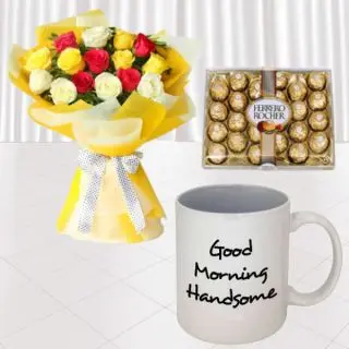 Bunch of 12 mix colour roses, photo mug with 24 pcs rocher ferrero chocolate 
