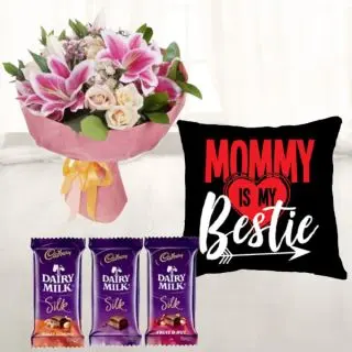 Bunch of Exotic mix flowers , photo cushion, with set of 3 dairy milk silk