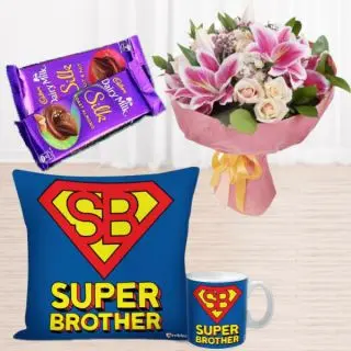 Beautiful hand bouquet of fresh exotic mix flowers , set of 2 dairy milk silk, set of photo mug and photo cushion 