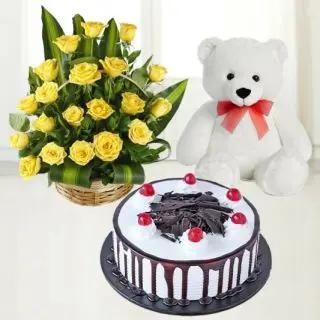 Basket of 15 yellow roses with choco vanilla cake & 6 inch white teddy bear