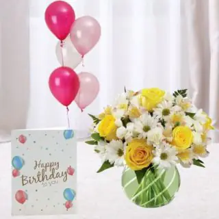 Beautiful vase arrangement of bright mix flowers, bunch of 5 mix color balloons with birthday card