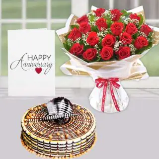 20 red roses bunch, premium quality butterscotch cool cake, anniversary greeting card 