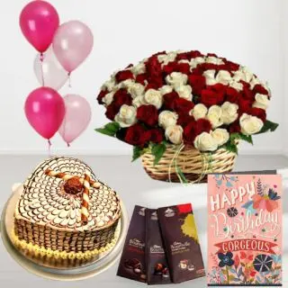 Basket of 50 Red and white roses, butterscotch premium quality cake, set of 3 bournville chocolates, birthday greeting card, with 5 blown balloons