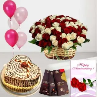 Basket of 50 Red and white roses, butterscotch premium quality cake, set of 3 bournville chocolates, anniversary greeting card, with 5 blown balloons