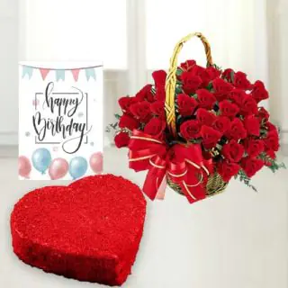 30 red roses basket , red velvet cake, birthday greeting card 