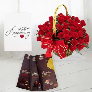 Basket of 40 red roses,  set of 3 bournville chocolates , anniversary greeting card 