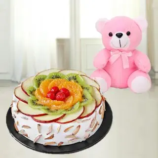 mix fruit cake with 8 inch pink colour teddy bear