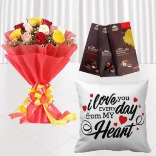 Bunch of 12 mix colour roses, set of 3 dairy milk chocolates with photo mug 