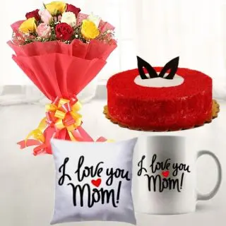 Bouquet of 12 mix colour roses, 1 pound red velvet cool cake, with set of photo mug and photo cushion 