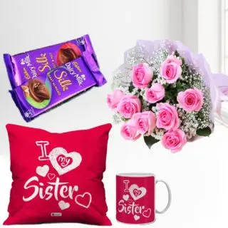 Bunch of 10 pink roses, 2 dairy  milk silk chocolates, photo mug with photo cushion 