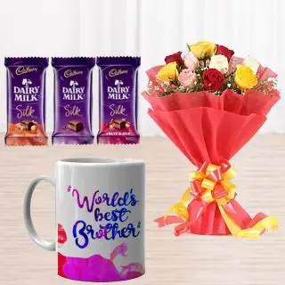 Set of 3 dairy milk silk, bouquet of 10 mix roses, photo mug 