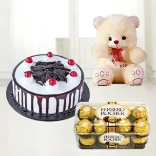  chocolate fantasy cake with 16 pcs rocher ferrero chocolates with 6 inch teddybear
