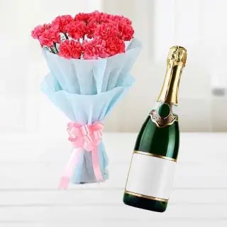 Bunch of 15 red carnations with bottle of champegne