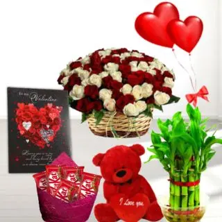 50 red and white roses basket , 6 inch teddybear, basket of assorted chocolates, 2 layer Lucky bamboo plant ,5 blown balloons with greeting card 