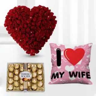 50 red roses heart shape arrangement , box of 24 pcs ferrero rocher chocolates with photo cushion 