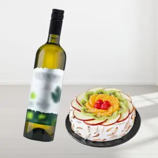  mix fruit  premium quality cake with bottle of white  wine