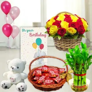 Basket of 15 red and yellow roses basket , 6 inch teddy bear, basket of 20 kit kat chocolates, 2 layer Lucky bamboo plant ,5 blown balloons with birthday greeting card