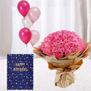 12 pink roses Bunch ,5 bunch of mix color balloons  with birthday card