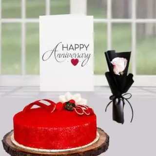 Single red rose flower, half kg white velvet cake, anniversary greeting card 