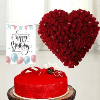 50 red roses heart shape arrangement, red velvet cake,  birthday greeting card 