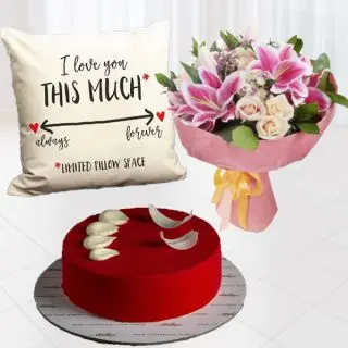 Bunch of exotic mix flowers, half kg red velvet cool cake , photo cushion 