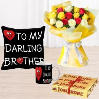 Bunch of 12 mix colour roses, set of 3 toblerone chocolates, photo mug with photo cushion 