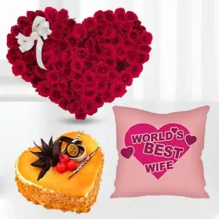 50 red roses heart shape arrangement , 1 kg heart shape mango cake with photo cushion 