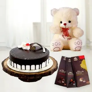  choco vanilla cake with set of 3 bournville dark chocolates with 6 inch cute teddybear 